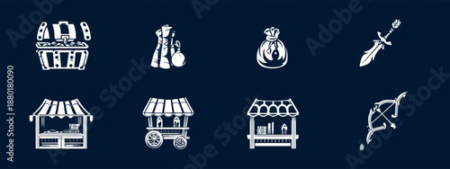 White vector icons for the fantasy game white on a dark blue background Icons include a treasure chest a bag a sword in the shape of the Scythian symbol a bow