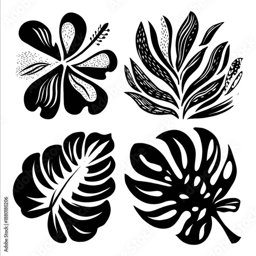 set of Matisse style cut outs hibiscus monstera palm blacks and white isolated on white background