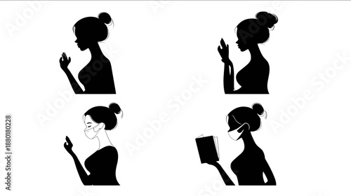 set of four black silhouettes of people doing selfcare routines meditating stretching face mask journaling wellness vector art Title SelfCare Routine Silhouet