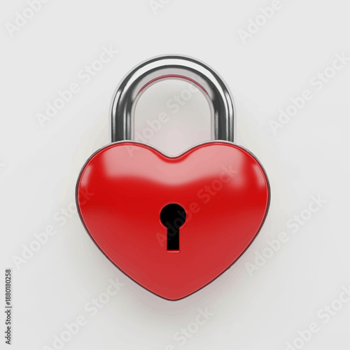 A red heart-shaped lock with a silver shackle on a plain white background viewed from the front