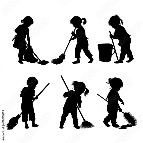 kids all chores activities pure silhouette creatie svg file Wiping Dishes taking out Trash Mopping using a broom etc