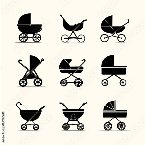 Create a series of simple 2D black and white vector graphics showing various baby strollers All black areas are for engraving white background should remain b
