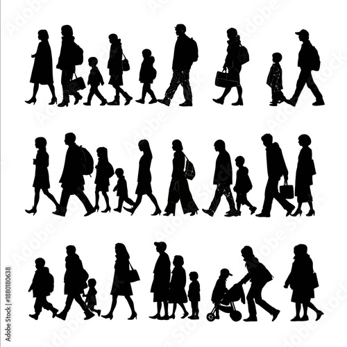 silhouette drawing of people walking standing leaning forward Japanese persons Fashionable modern clothes wearing shoes and heels Adults and children mostly k