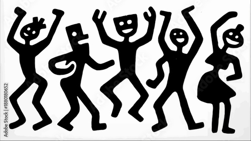 a group of happy and quirky dancing characters with legs and arms different shapes On clean white ffffff background