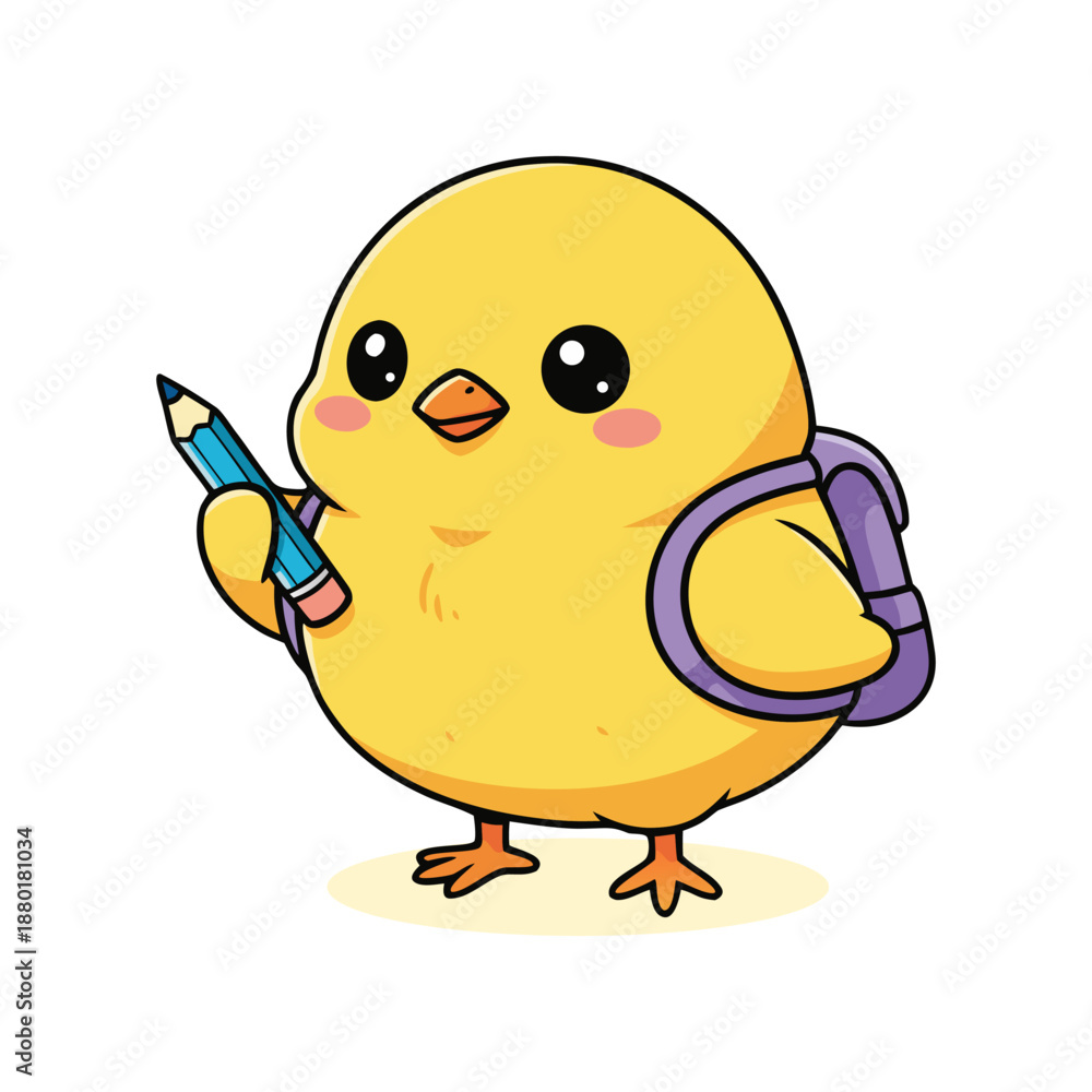 Fototapeta premium Cute Cartoon Style Chick with Backpack and Pencil Education Illustration