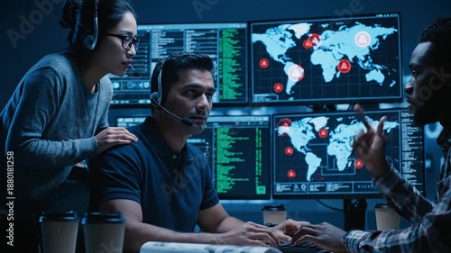Team of analysts engaged in cyber warfare operations monitoring global threats on multiple screens in a dark control room.