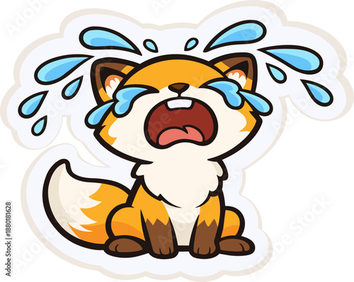 Cute cartoon fox crying with visible tears and a sad expression. This flat vector illustration clearly communicates sadness and emotion, suitable for emotional sticker packs