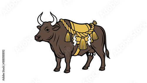 Traditional Japanese Bull with Sacred Shimenawa Rope and Tassels
