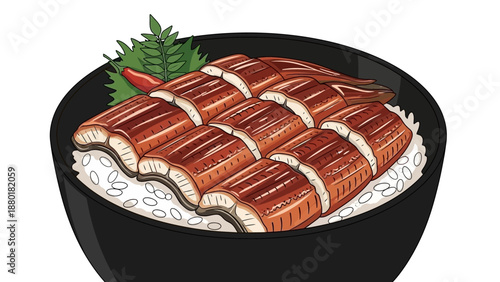 Japanese unagi don grilled eel over white rice bowl