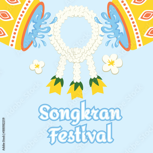 Songkran Thai New Year Greeting Card Banner with Water Splashes, Water Buckets and Floral Decorations