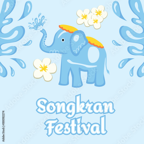 Songkran Thai New Year Greeting Card Banner with Water Splashes, Elephant and Tropical Flowers