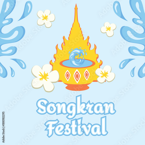 Songkran Thai New Year Greeting Card Banner with Water Splashes, Buddhist Temple, Water Bucket and Flower