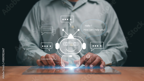 AI chatbot and virtual assistant concept. User interacting with a friendly robot interface on a digital screen. Customer support, conversational AI, automation and smart communication technology.