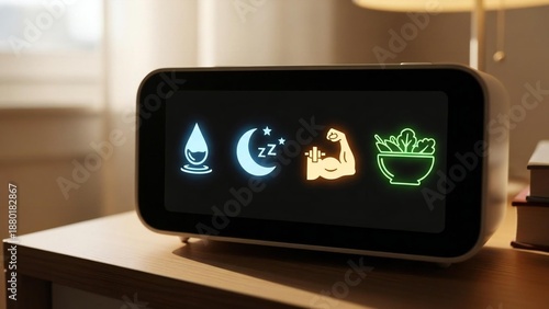 Digital clock on bedside table displays wellness icons as a vibrant metaphor for healthy daily habits and balanced living at home
