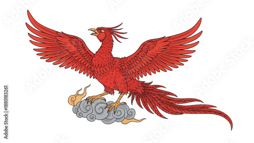 Traditional Red Phoenix Bird Standing on an Auspicious Cloud