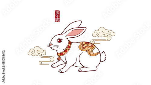 White Rabbit Mascot with Red Collar and Auspicious Clouds