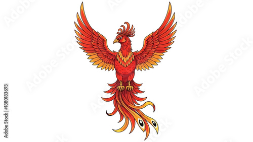 Mythical Phoenix Bird Illustration with Vibrant Red and Orange Feathers