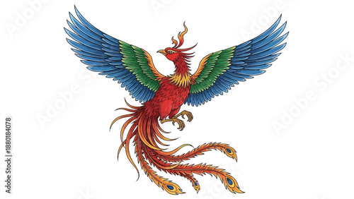 Mythical phoenix bird illustration with colorful feathers