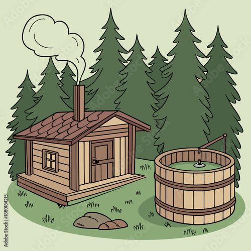 Cozy wooden bathhouse and steaming hot tub in nature, perfect for relaxation, wellness, spa retreats, and outdoor leisure activities, surrounded by green forest vector illustration