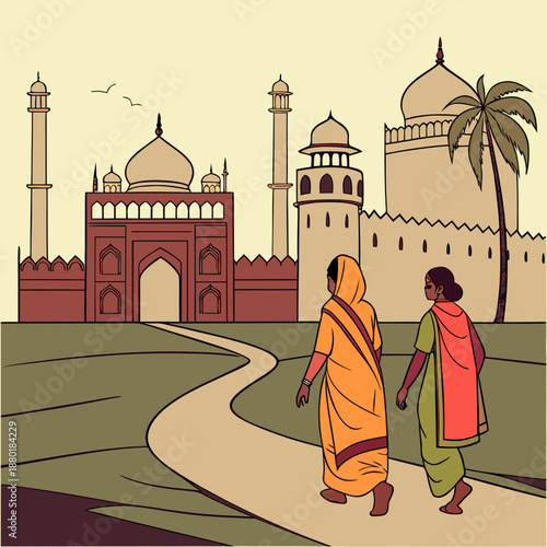 Two women in traditional dress walk towards a city gate against the backdrop of palaces and towers of an old Indian city. Can be used to make books, banners, posters, etc.