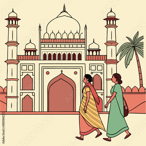 Two women in traditional dress walk towards a city gate against the backdrop of palaces and towers of an old Indian city. Can be used to make books, banners, posters, etc.