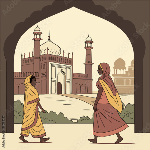 Two women in traditional dress walk towards a city gate against the backdrop of palaces and towers of an old Indian city. Can be used to make books, banners, posters, etc.