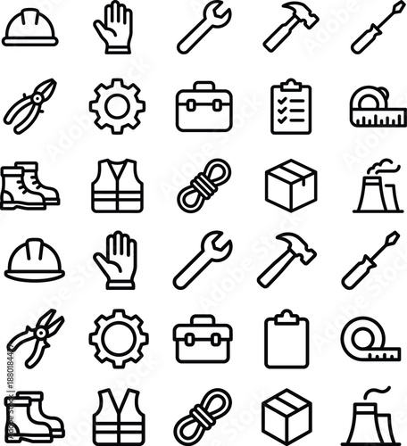 Collection of construction and industrial tools and safety equipment icons.