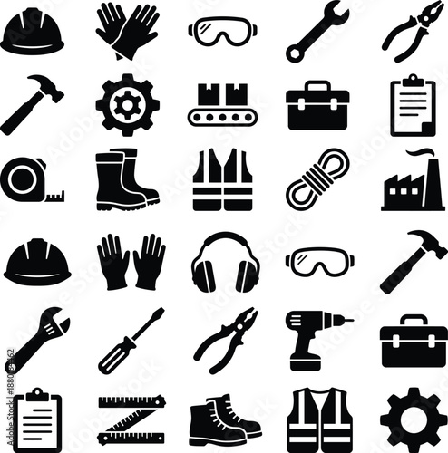 Comprehensive collection of industrial and construction safety equipment and tools icons.