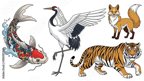 Japanese Animal Illustrations with Koi Crane Kitsune and Tiger