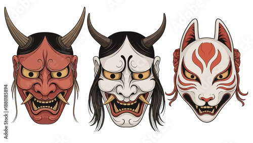 Traditional Japanese Oni and Kitsune Theater Mask Illustration Set