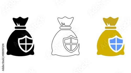 Protected money bag vector icons solid, line, and colorful styles for financial security, secure savings, and investment