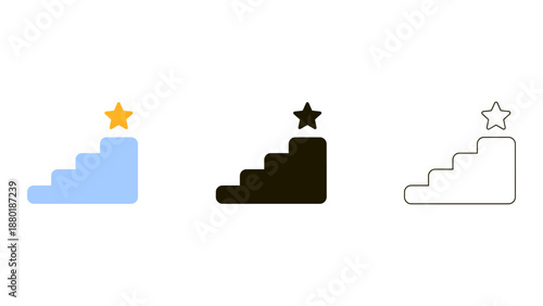 Stairs with star icon set symbol of achievement, success, and progress. featuring solid, line, colourful styles