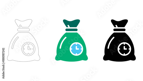 Timed money bag icon set line, solid  colorful styles for financial management, scheduled payments, savings goal, time s