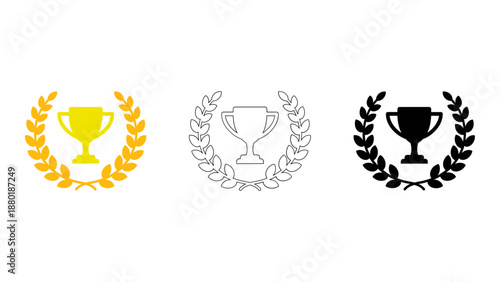 Trophy wreath icon set solid, line, and colorful award symbols of honor and excellence