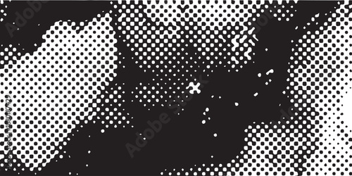 Abstract Halftone Pattern with Dark Shapes and White Dots.