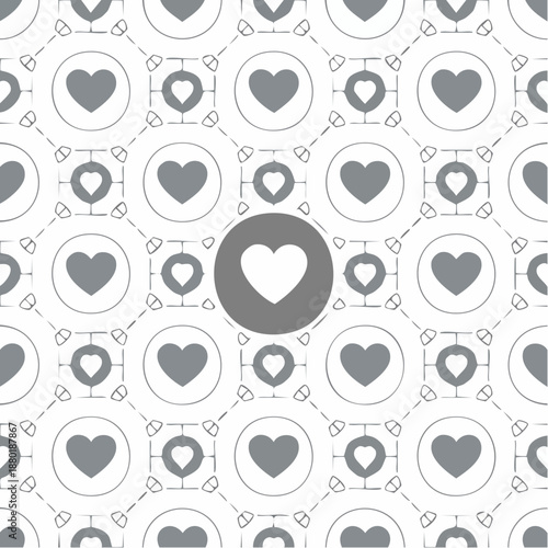 A pattern of grey heart icons with one highlighted white heart in the center, surrounded by smaller grey hearts and circles, viewed from directly above.