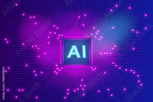 AI Microchip with Glowing Purple Circuitry on Futuristic Dark Gradient Background