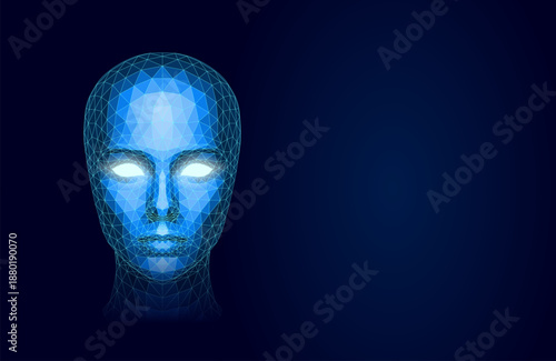 Futuristic Low-Poly Digital Face with Glowing Eyes on Dark Tech Background