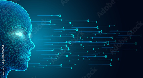 Glowing Blue Wireframe Face Analyzing Binary Data Stream on Futuristic Digital Background