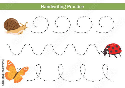 Handwriting practice worksheet for kids with dotted lines and cute animals: snail, ladybug and butterfly. Printable activity page for fine motor skills, tracing and early writing practice.