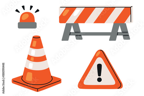 Vector illustration set of road safety elements: traffic cone, warning sign and construction barrier. Flat design, no outlines, dynamic shapes. Ideal for roadworks, safety signage, transport themes.