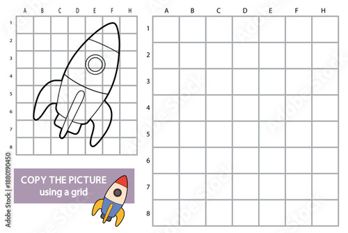 Educational worksheet for kids with a rocket drawing. Copy the picture using a grid. Printable activity page for drawing practice, spatial skills and coordination. Vector illustration.