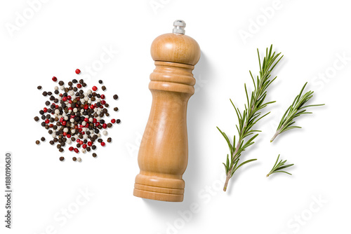 Top view of wooden pepper grinder with mixed black, red and white peppercorns and fresh rosemary sprigs, isolated on a transparent background. Ideal for food design, packaging, and culinary use. © PrimeMockup