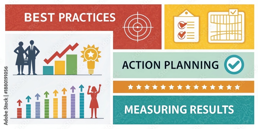 Fototapeta premium business best practices infographic with action planning measuring results and strategic growth icons