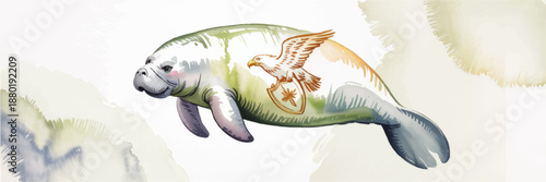 Watercolor manatee illustration with patriotic eagle emblem, soft pastel ocean background, wildlife conservation concept banner art
