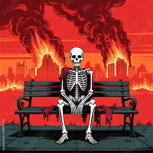 Skeleton sitting on park bench in burning city, apocalyptic fire scene with red sky, dark smoke, dystopian comic style illustration
