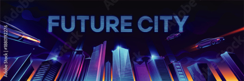 Futuristic neon city skyline with flying cars and cyberpunk skyscrapers at night, sci fi digital illustration banner