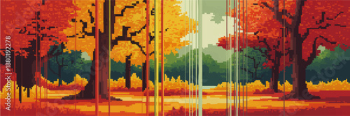 Vibrant pixel art autumn forest landscape with colorful trees, warm sunset light and abstract glitch stripes background