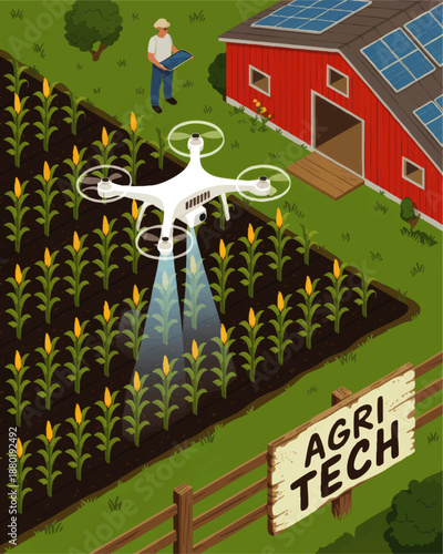 Smart agriculture technology drone monitoring corn field with farmer, solar powered barn and modern precision farming illustration