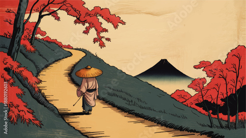Traditional Japanese landscape with traveler on mountain path, autumn red maple trees and distant Mount Fuji in vintage ukiyo e style